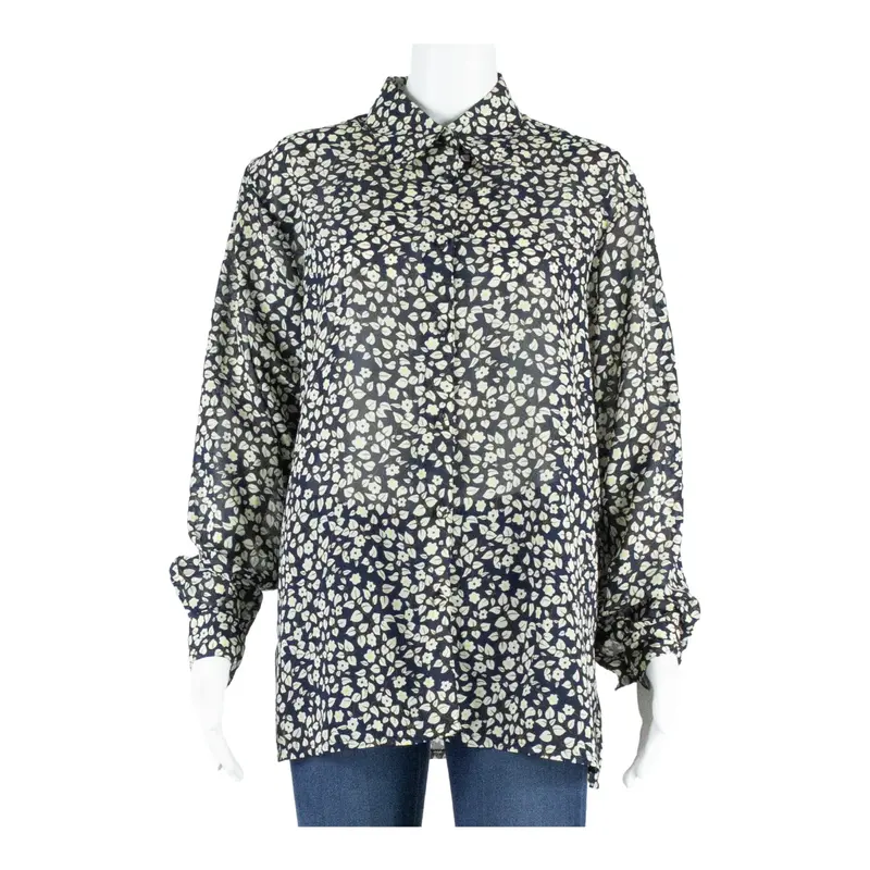 Sheer Womens Printed Shirt Blue Collared Long Sleeve Floral L