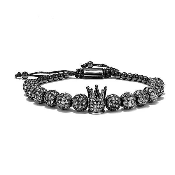 Vintage Brass Micro Pave Cubic Zirconia Crown & Round Braided Bead Adjustable Bracelets