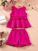 Toddler Girl's Textured Frill Ruffle Trim Two-piece Set, Sleeveless Keyhole Neck Tank Top & Elastic Waist Shorts, Casual Summ...