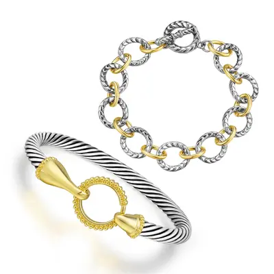 Mytys Trendy Two-Tone Knot Twisted Cable Cuff Bracelet Set for Women Versatile Chain Bangle  Chic Accessory Stylish Fashionab...