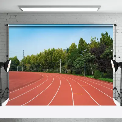 Trees Red Plastic Runway Sports Backdrop For Photo - Aperturee