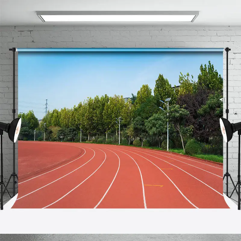 Trees Red Plastic Runway Sports Backdrop For Photo - Aperturee