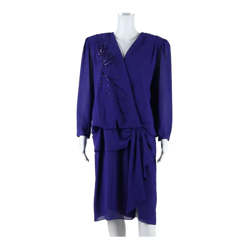 URSULA OF SWITZERLAND Beaded Womens Wrap Dress Purple Long Sleeve Midi UK 14