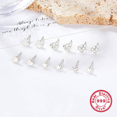 Anti-Tarnish 6 Pair 6 Style 999 Fine Silver Stud Earrings Set for Women