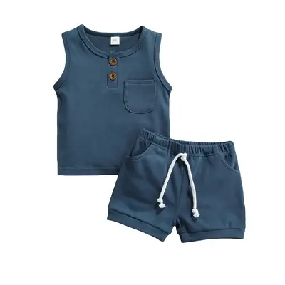 Summer Toddler Baby Boy Girl Clothes Set Unisex Waffle Outfits Solid Short Sleeve Pocket Tops Shorts 2PCS