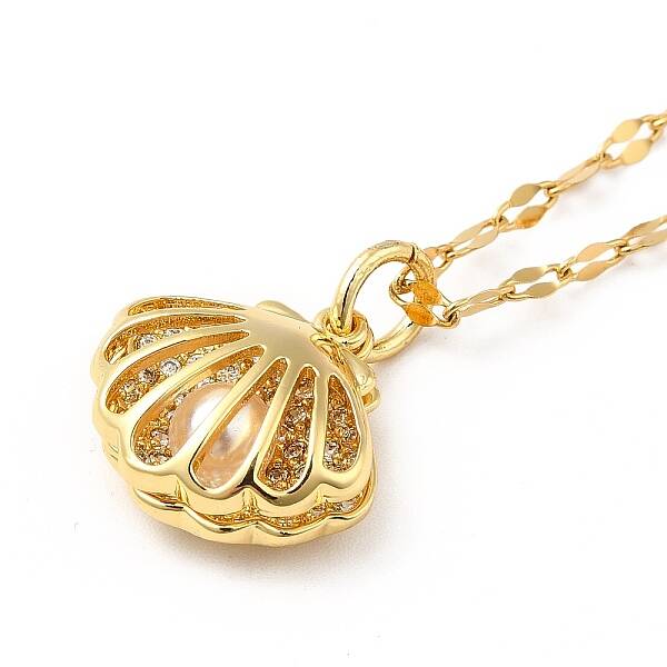 Cubic Zirconia Shell with Resin Pearl Cage Pendant Necklace