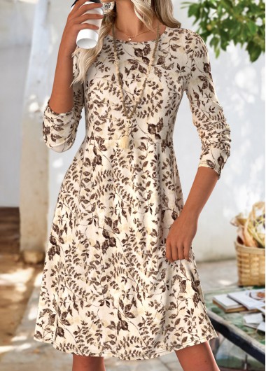 Modlily Beige Tummy Coverage Leaf Print Long Sleeve Dress - L