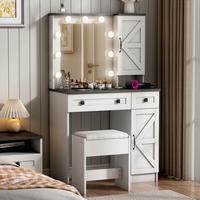 JR Furniture 31.5'' Farmhouse White Makeup Vanity Desk with Mirror & LED Lights – 2 Drawers, Power Outlet, and 3 Color Mode...
