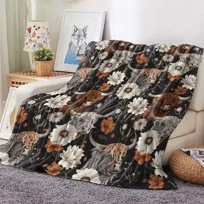 Floral & Cattle Print Throw Blanket, Soft Warm Napping Blanket, Air-conditioned Room Blanket, Bedroom Accessories, Home Offic...