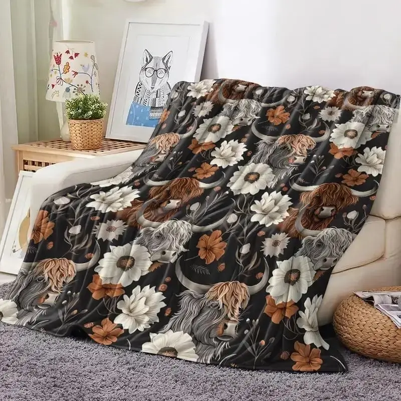 Floral & Cattle Print Throw Blanket, Soft Warm Napping Blanket, Air-conditioned Room Blanket, Bedroom Accessories, Home Offic...