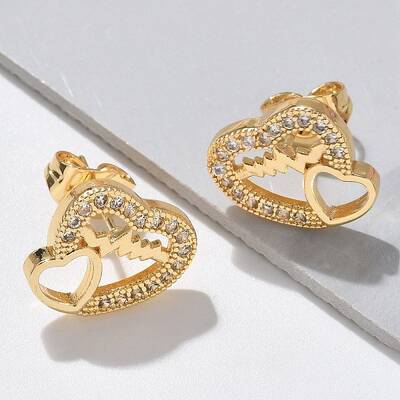 Valentine's Day Heart Brass Micro Pave Clear Cubic Zirconia Stud Earrings