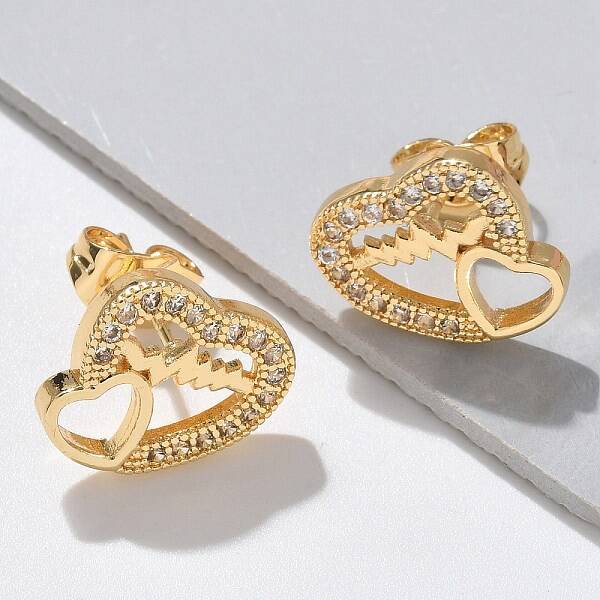 Valentine's Day Heart Brass Micro Pave Clear Cubic Zirconia Stud Earrings