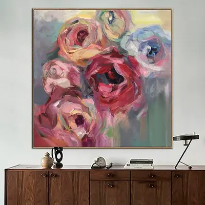 Large Flowers Painting Colorful Abstract Art: Pink Roses Wall Art as Textured Artwork on Canvas for Modern Living Room Wall D...