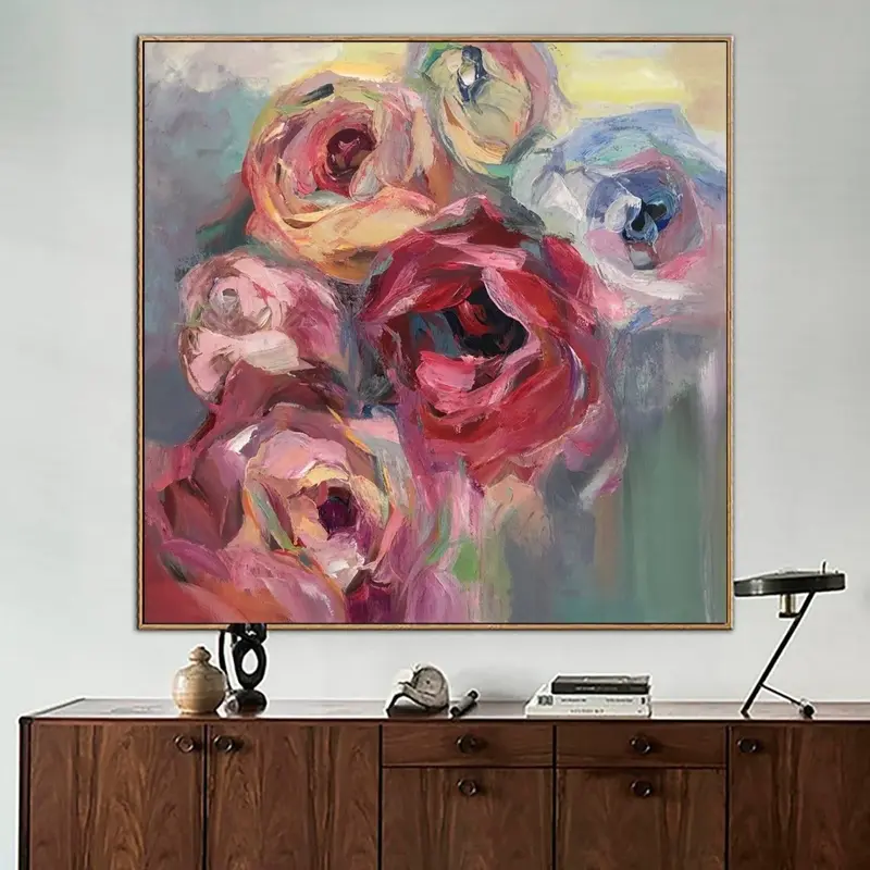 Large Flowers Painting Colorful Abstract Art: Pink Roses Wall Art as Textured Artwork on Canvas for Modern Living Room Wall D...
