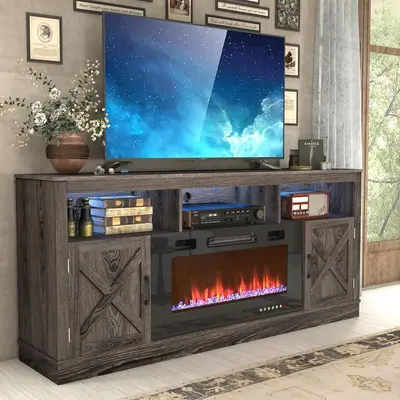 Farmhouse Fireplace TV Stand for 70/75/80 Inch TV, 32”Tall Entertainment Center w/ 36”Electric Fireplace & LED Light, 70...