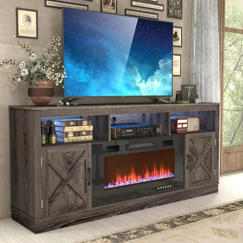 Farmhouse Fireplace TV Stand for 70/75/80 Inch TV, 32”Tall Entertainment Center w/ 36”Electric Fireplace & LED Light, 70...