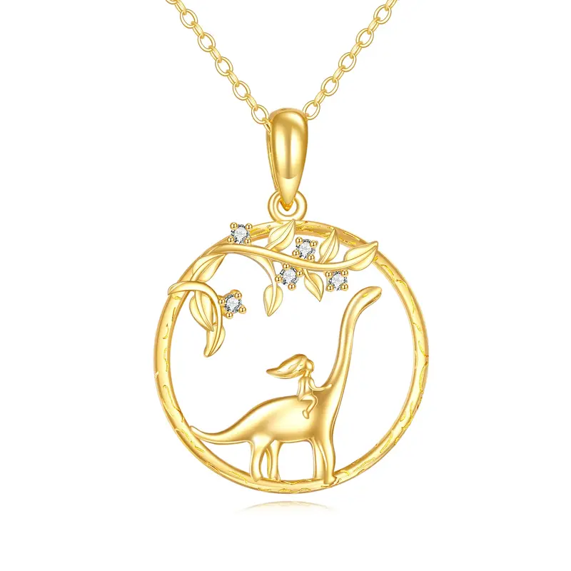 14K Gold Cubic Zirconia Dinosaur With Girl Pendant Necklace