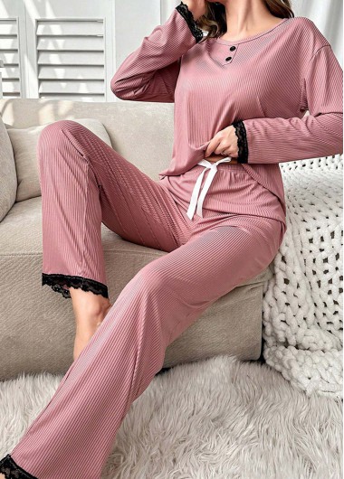 Modlily Pink Long Sleeve Round Neck Lounge Top and Pants - S