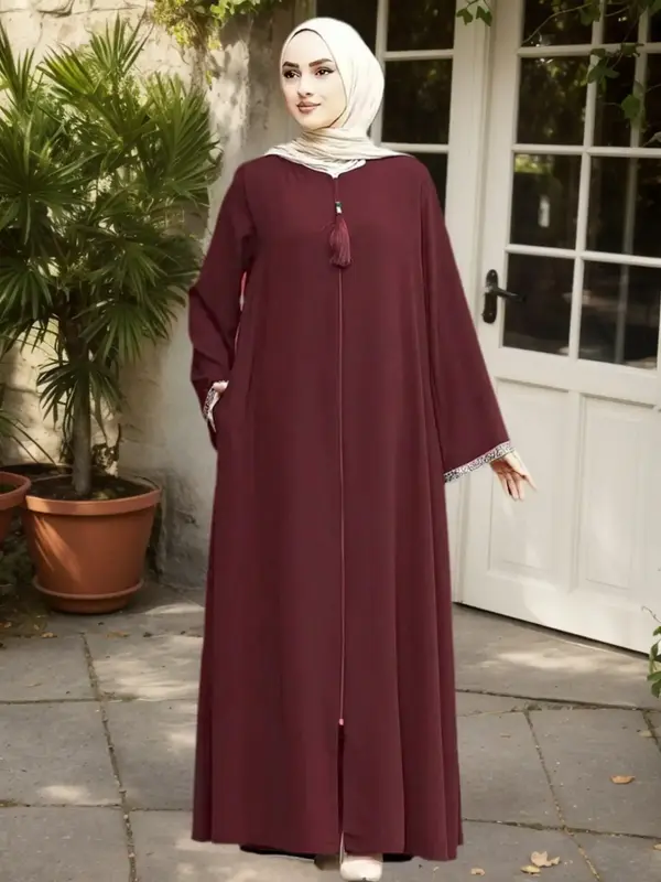 Casual Loose-Fitting Women's Round Neck Zipper Long Sleeve Pocket Robe Dress, Perfect for Daily Wear, Family, Vacation & Date...