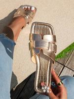 Women's Fashionable Textured Design Slip on Sandals, Casual Square Toe Flat Sandals for Beach, Lightweight Breathable Comfort...