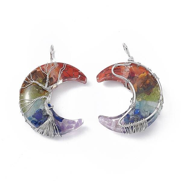 7 Chakra Natural Mixed Stone Chip Copper Wire Wrapped Big Pendants