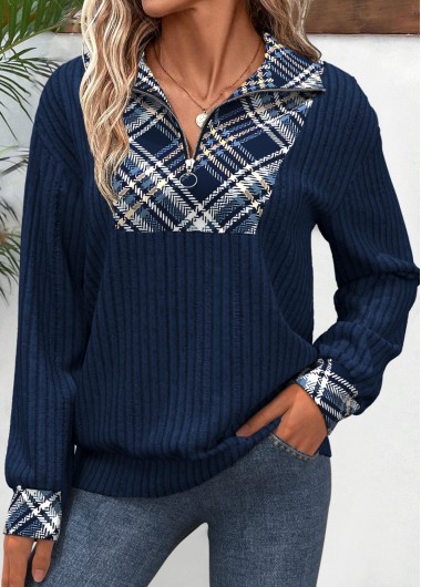 Modlily Peacock Blue Patchwork Plaid Long Sleeve Sweatshirt - XL