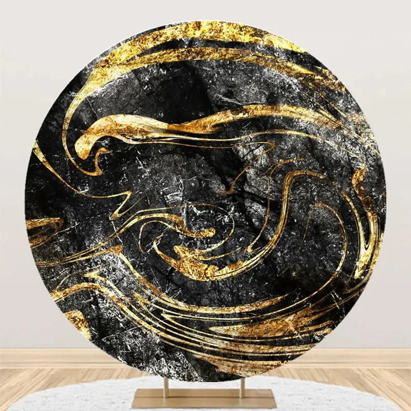 Black Gold Abstract Glitter Round Birthday Backdrop - Aperturee