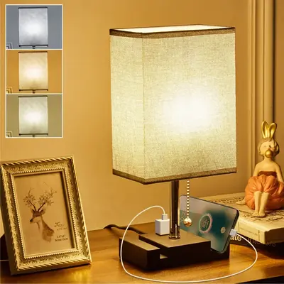 Bedroom Table Lamps with Two Phone Stands and AC Outlet 3 Color Temperatures - 2700K 3500K 5000K Pull Chain Nightstand Bedsid...