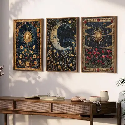Vintage Floral Style Canvas Painting without Frame, 3 Counts/set Sun & Moon & Starry Sky Pattern Wall Art, Wall Decor for Hom...