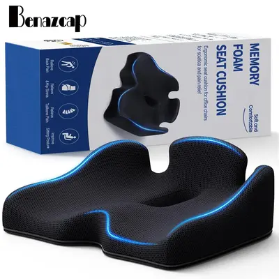 Benazcap Ergonomic Memory Foam Seat Cushion - Non-Slip & Pressure Relief for Sciatica & Tailbone Pain-Firm Coccyx Pad for Lon...