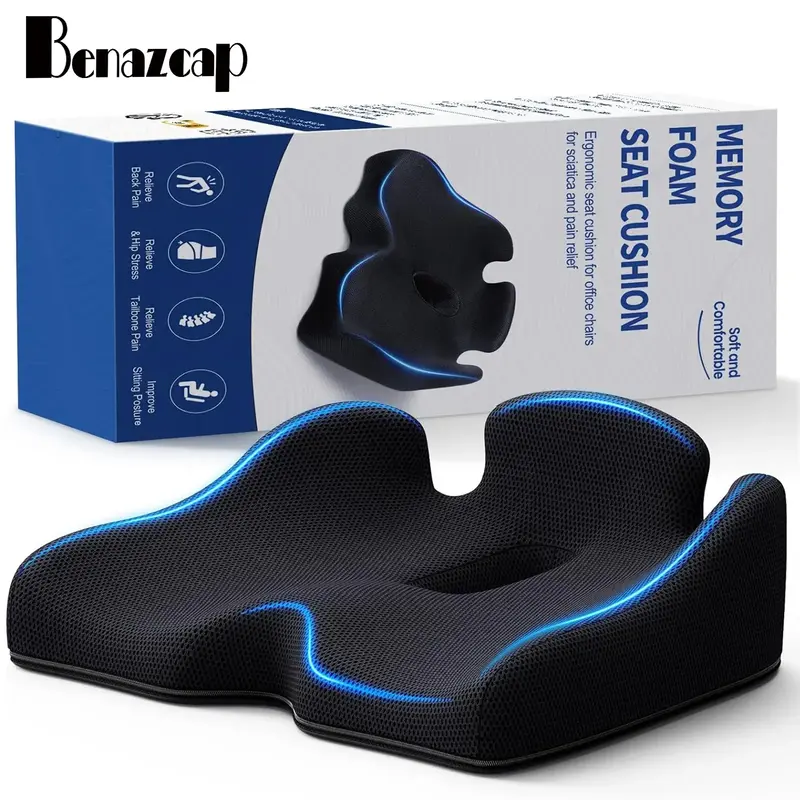 Benazcap Ergonomic Memory Foam Seat Cushion - Non-Slip & Pressure Relief for Sciatica & Tailbone Pain-Firm Coccyx Pad for Lon...