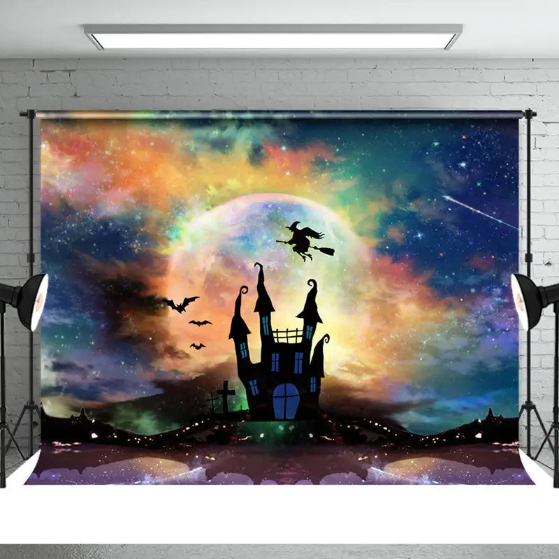 Witch Bat Castle Moon Scary Night Halloween Backdrop - Aperturee
