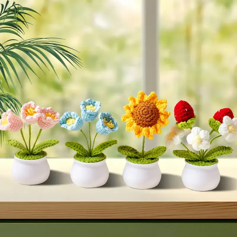 TTZZ Handmade Crochet Bouquet Potted Flowers, Artificial Flower Potted Plant, Knitted Artificial Forever Flowers with Exquisi...