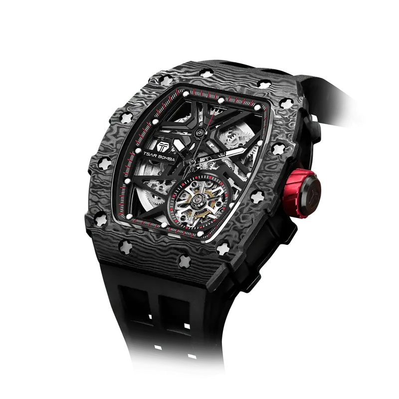 TSAR BOMBA Men's Luxury Tonneau Mechanical Sport Watch | Carbon Fiber Watch | Black | Elemental TB8209CF | Japanese Automatic...