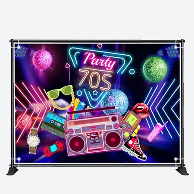 Party 70S Music Neon Light Happy Birthday Backdrop - Aperturee