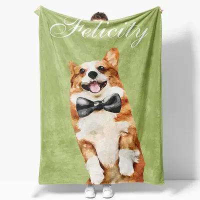 Simple Green Corgi Custom Pet Name Photo Blanket - Aperturee