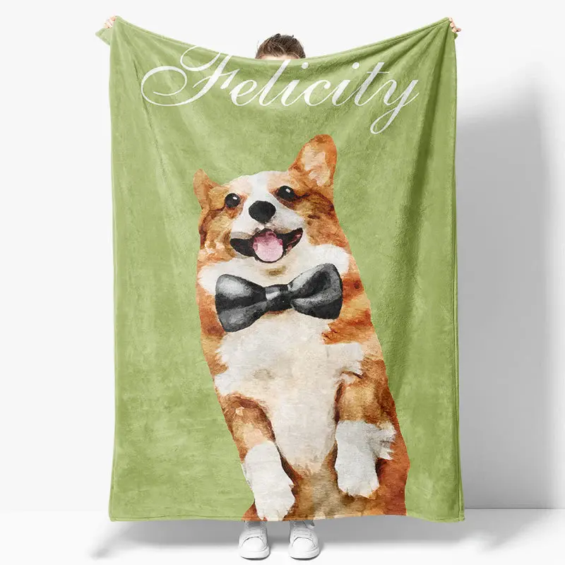 Simple Green Corgi Custom Pet Name Photo Blanket - Aperturee