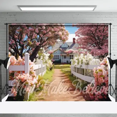 Green Grass House Pink White Floral Spring Backdrop - Aperturee