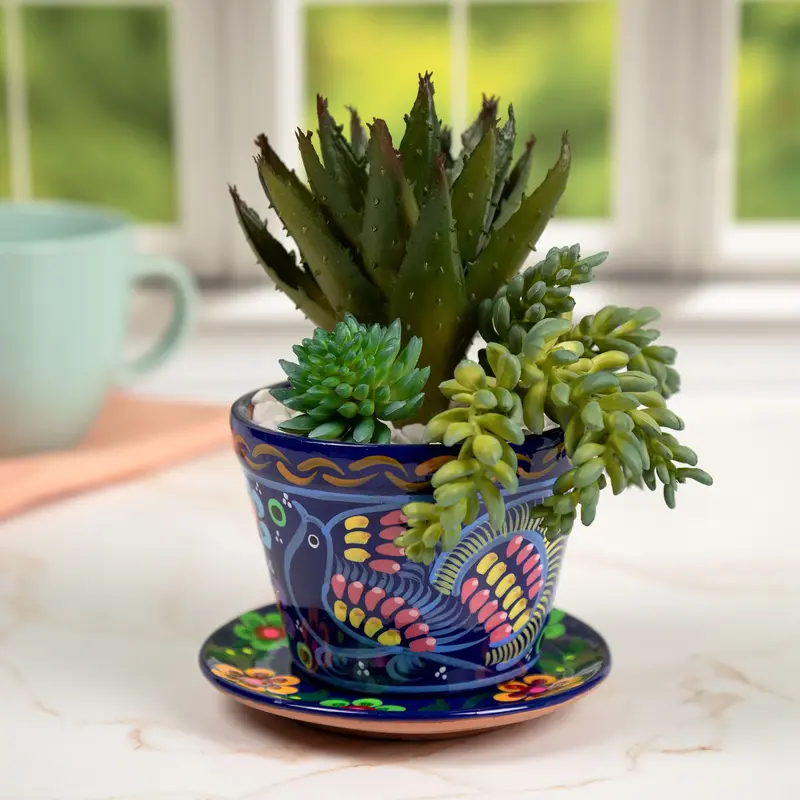 Fiesta Hand Painted Small Ceramic Planter - Aqua - Pot