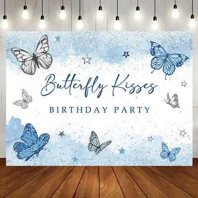 Aperturee Blue Butterfly Kisses Glitter Birthday Backdrop | Diy Birthday Backdrop | Name Backdrop For Birthday | Backdrop For...