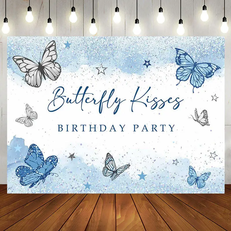 Aperturee Blue Butterfly Kisses Glitter Birthday Backdrop | Diy Birthday Backdrop | Name Backdrop For Birthday | Backdrop For...