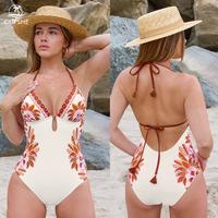 CUPSHE Ornate Floral Halter and Back Straps V-Neck Keyhole One Piece Swimsuit Summer Beach Vacation Fashion Women Swimwear,fo...