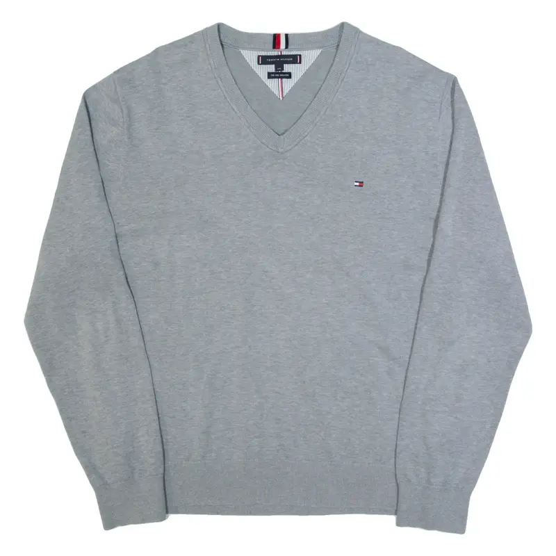 TOMMY HILFIGER Mens Jumper Grey V-Neck Tight Knit 2XL