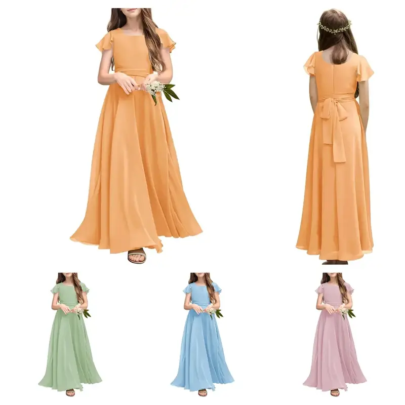 Haloumoning Girl Junior Bridesmaid Dresses Kids Sleeveless Cute Maxi Dress Teen Long Wedding Party Prom Gowns
