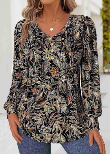 Modlily Black Tummy Coverage Floral Print Long Sleeve T Shirt - L