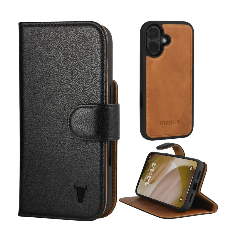 Apple iPhone 17 2-in-1 Leather Wallet Case (with Detachable Cover & MagSafe Charging) - Black