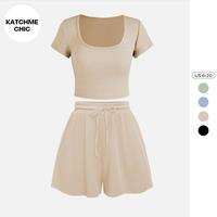 KatchMe Women's Plain U Neck Short Sleeve Crop Top & Drawstring Waist Wide Leg Shorts Co-ord,Summer Sets 2024,Lady Two-Piece ...