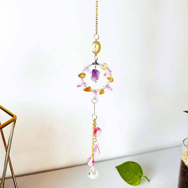 Ring Natural Rose Quartz Chip Window Hanging Suncatchers