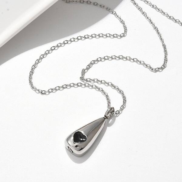 304 Stainless Steel Black Enamel Heart Teardrop Keepsake Ashes Memorial Necklaces