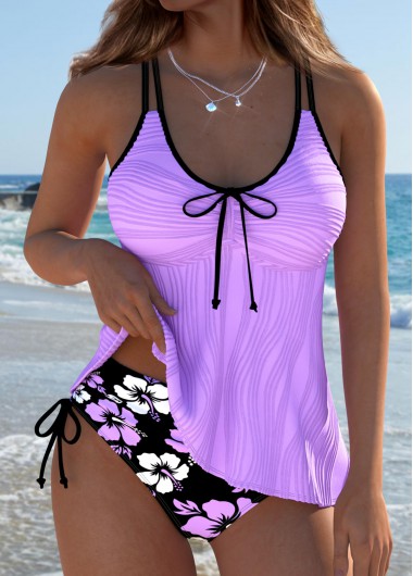 Modlily Mid Waisted Floral Print Purple Tankini Set - XXL